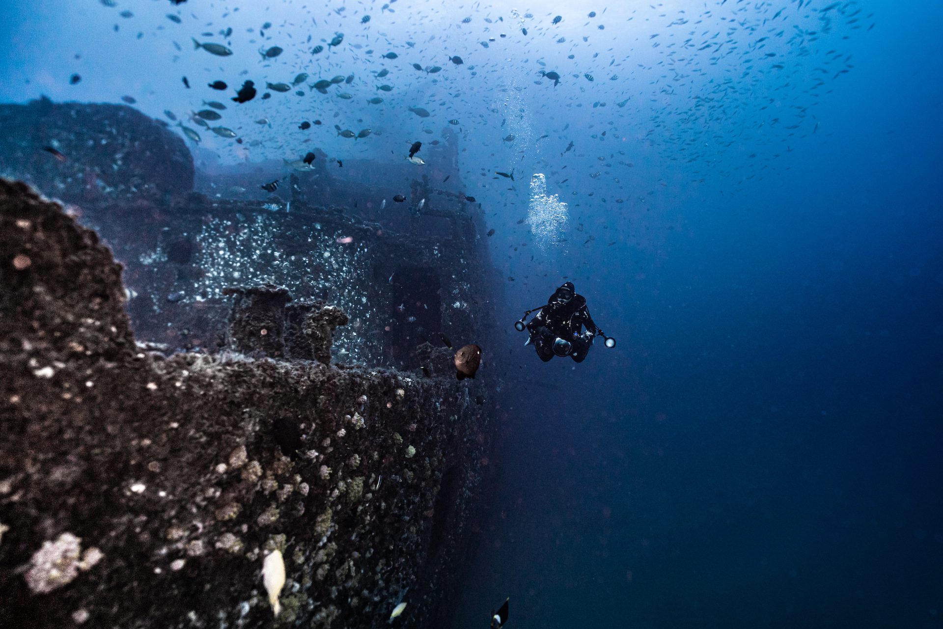 Scuba Diver exloring the HMAS Brisbane Wreck in Mooloolaba, Queensland